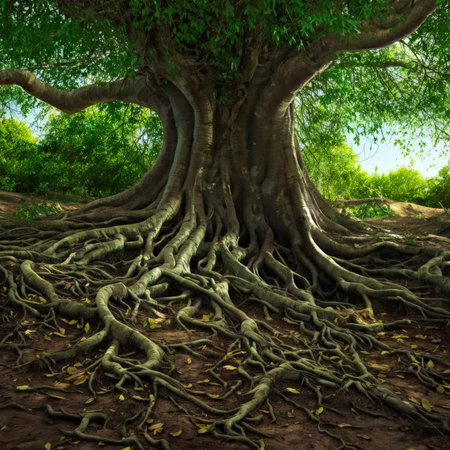 roots of an old oak in a big tree. 3d imageの素材