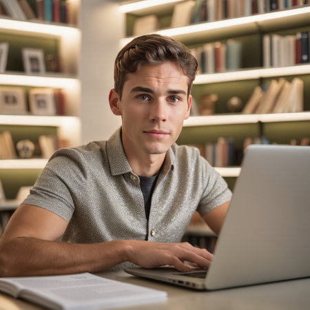 young man working in the library. high quality photoの素材