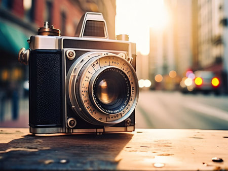 vintage camera on the background of cityの素材
