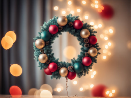 beautiful christmas wreath on the background of lights.の素材