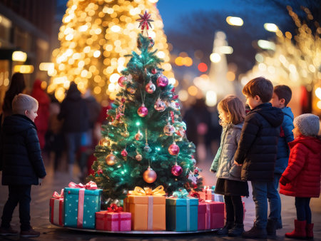 little boy and girl with christmas treeの素材