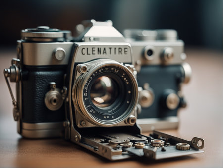 camera lens with wooden backgroundの素材