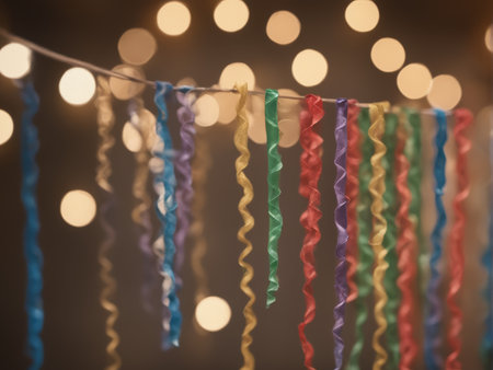 colorful bokeh garland on a wooden tableの素材