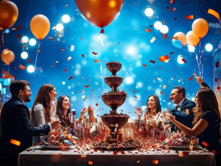 group of young people celebrating and with champagne at homeの素材