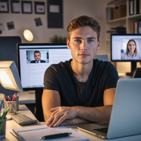 businessman working at office desk with laptopの素材