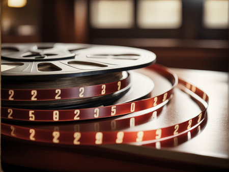 movie reel and film on tablemovie tableの素材