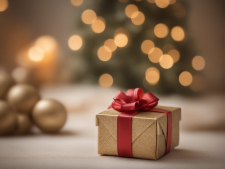 christmas gift box and red ribbon on wood background with bokeh lightsの素材
