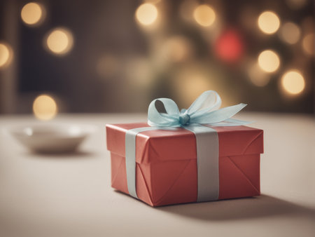 christmas gift with red ribbon on wooden tableの素材