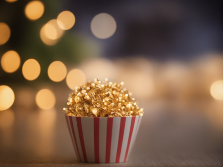 christmas decoration with popcorn and golden lightsの素材