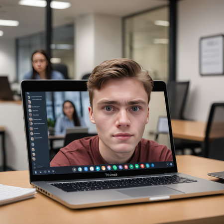 young male student using laptop and smiling at cameraの素材