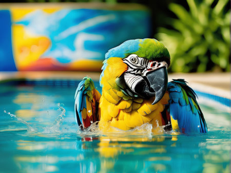 beautiful parrot in the pool with colorful background.の素材