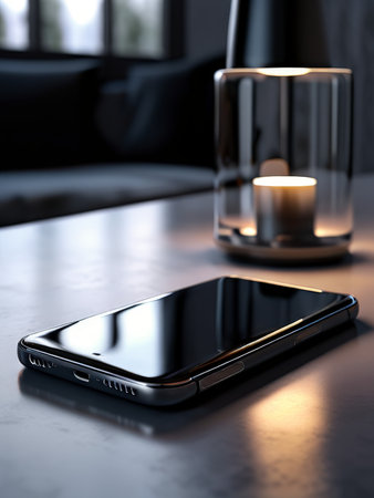 smartphone with a white phone on tablet tableの素材