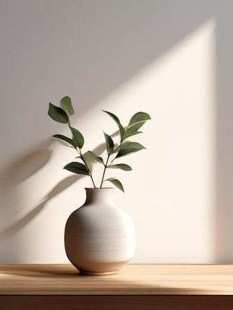 white empty wooden shelf with green plants. 3d image. mock up.の素材