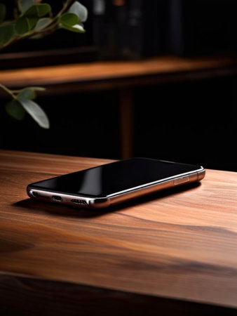 modern smartphone with wooden screen on table in cafeの素材