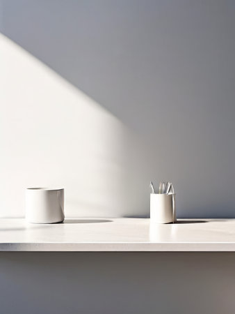 empty white shelf with ceramic wallの素材