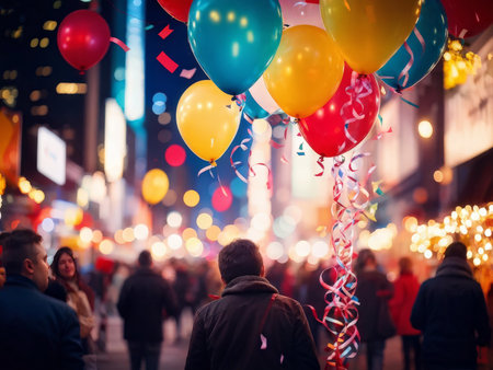 colorful balloons in cityの素材