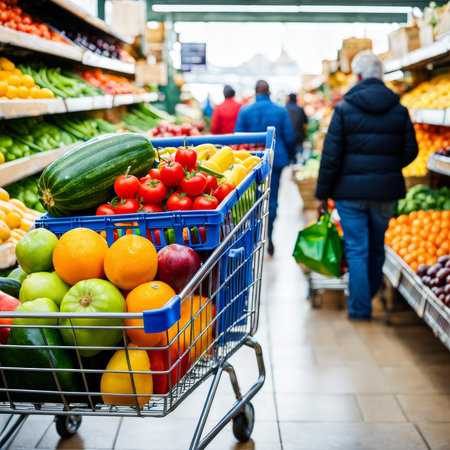 shopping in the supermarket, close up. fresh organic fruits and vegetables. vegetables market. healthy food.の素材