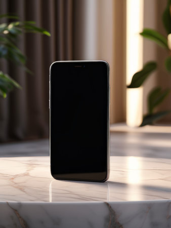 mockup of black smartphone on marble surface with background.の素材