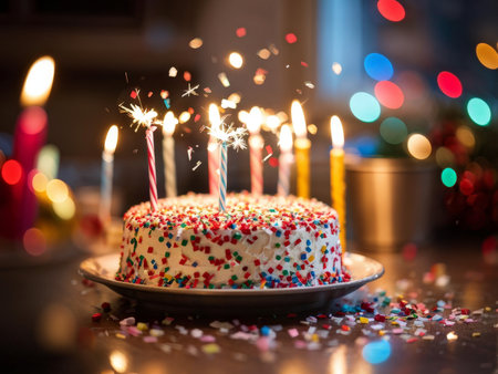 birthday cake on wooden tableの素材