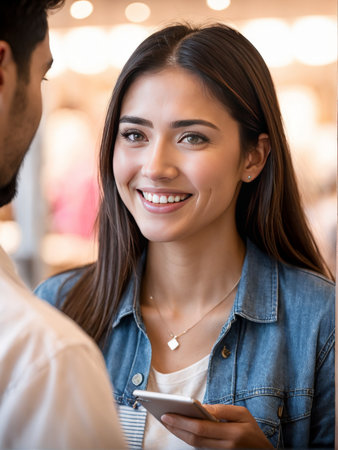 happy young woman shopping at the mall, smilingの素材