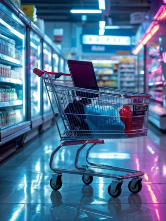 shopping cart and computer in the storeの素材