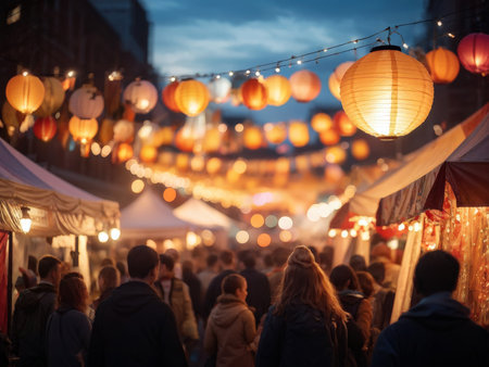 people at the street with lanternsの素材