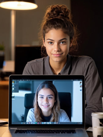 portrait of young woman working on a laptop at home office in herの素材
