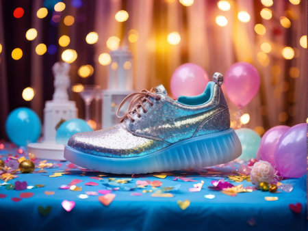 a high angle of pair shiny silver and white sneakers with confetti on the background christmas decorationsの素材