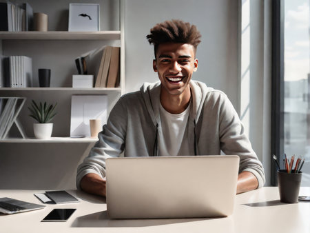 young african american man smiling happy working on the laptop at homeの素材