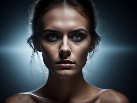 portrait of beautiful female model on dark background.の素材