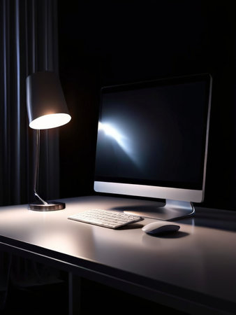 workplace with laptop and lamp in the night. 3d illustrationの素材
