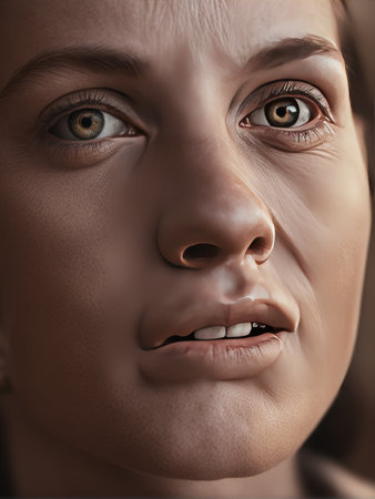 portrait of young female model with brown eyes looking upの素材