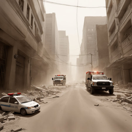 3d image of a destroyed city with an empty street 3の素材