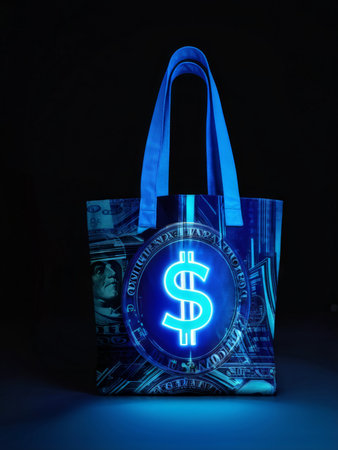 blue dollar bag with a glowing sign of moneyの素材
