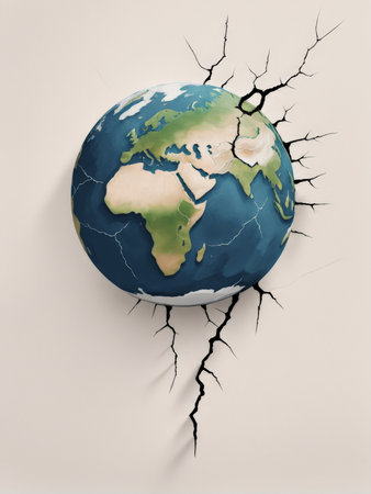 cracked globe and broken crack in the middle of a world mapの素材