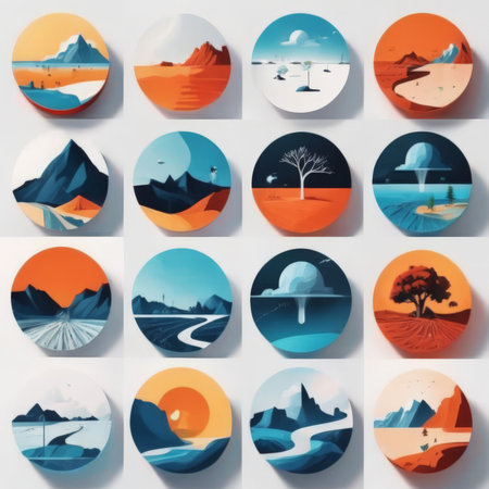 set of nature landscapes in nature. vector illustrations a natural landscape, mountains and the middle forest.set forest.の素材