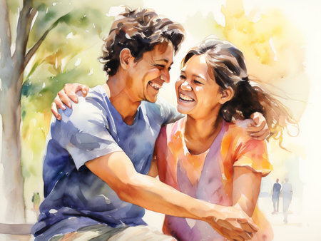 happy young man and woman with a child in the park. love happiness. watercolor styleの素材