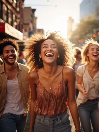 happy young group of friends walking on streetの素材