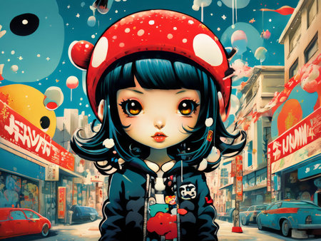 cute girl with a backpack and dogの素材
