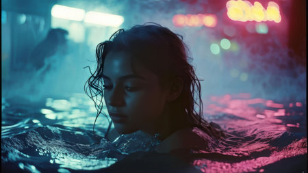 young woman with a glass of water in the nightの素材