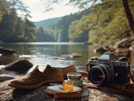 vintage compass on wooden tableの素材