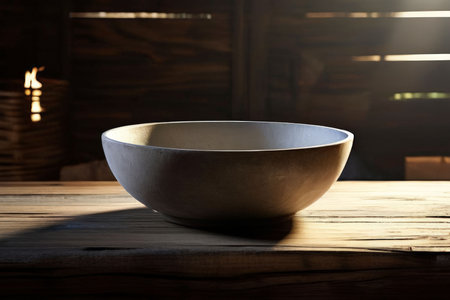 empty bowl of rice on wooden tableの素材