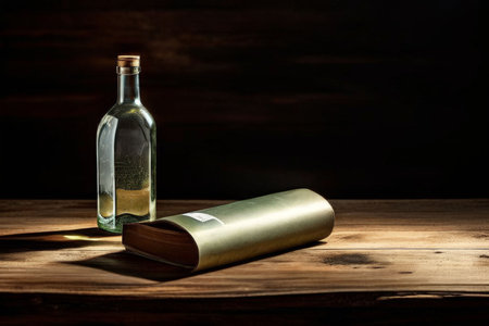 bottle of wine and a glass on wooden tableの素材