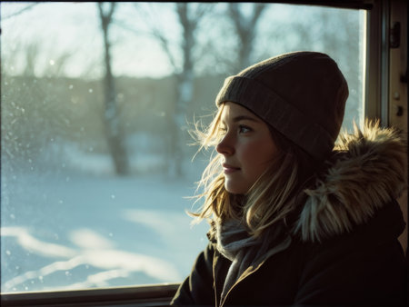 portrait of a woman in black coat with cupの素材