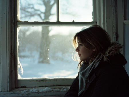 young girl sitting on the windowsill and looking through windowの素材