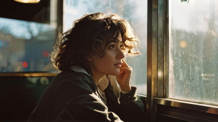 beautiful girl in a black jacket and white dress on the background of windowの素材