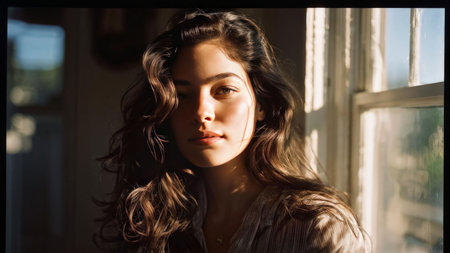 young woman in the windowの素材