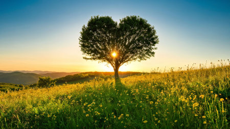 a beautiful shot of tree with heart shaped grass on fieldの素材