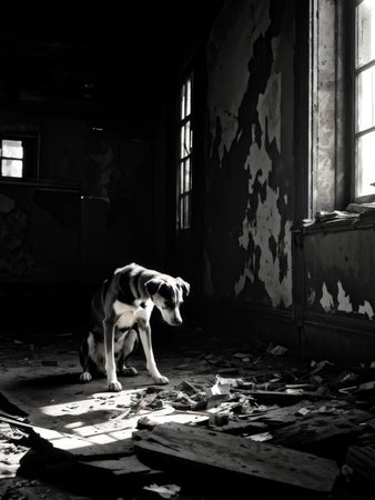 black and white photo of a dog in the roomの素材