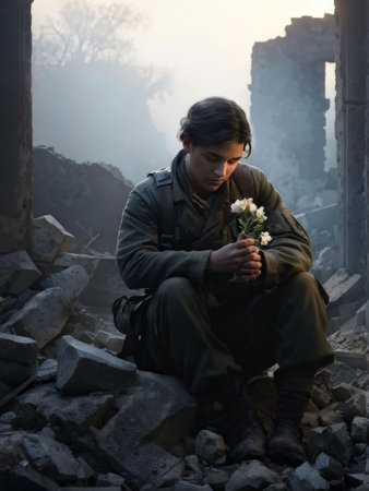 soldier sitting in the war and holding a bouquet of flowers his hands, war, military, military conceptの素材